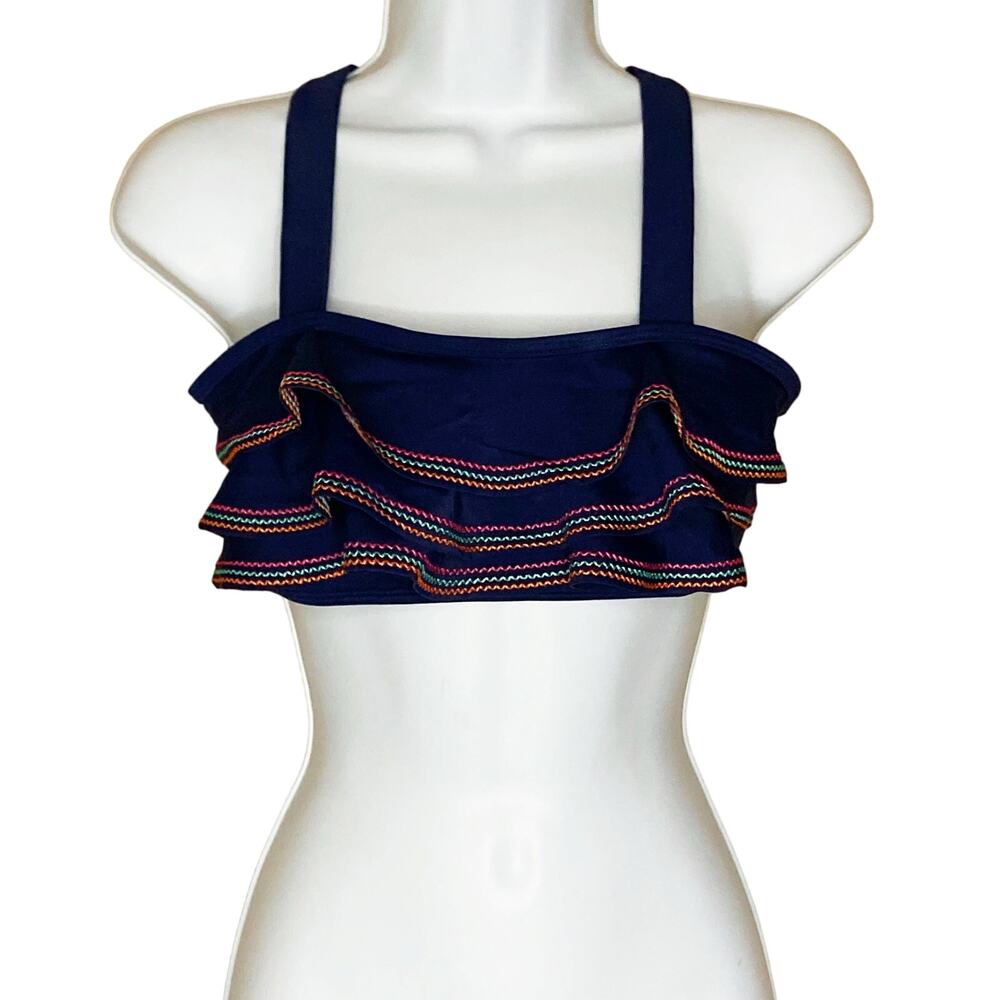 Land's End Girls Ruffle Flounce Bikini Top Navy Embroidered Cross Back Size 16